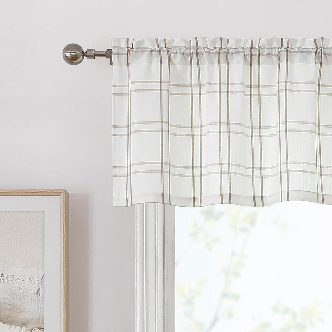 Beige White Buffalo Plaid Caf Curtain Valances,Tan Beige Stripes on White Textured Fabric,Rustic Semi Sheer Window Treatment for Kitchen Bathroom,55" Wx15 Lx1