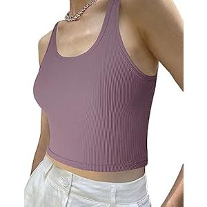 tagunop Women's Summer Tank Tops Sleeveless Scoop Neck Basic Cami Tee Shirts Casual Ribbed Slim Fitted Top, Grey Purple, Size: S