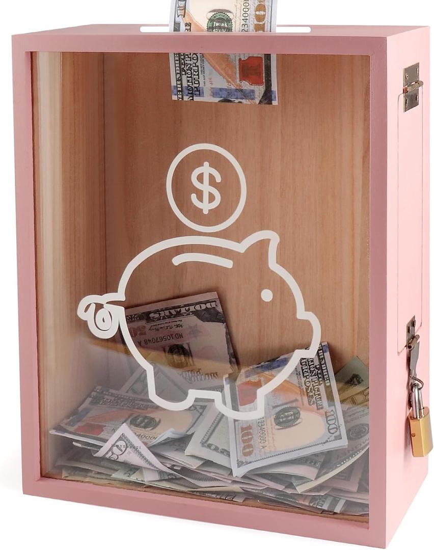 Clear Piggy Bank with Lock, Large Money Saving Money Bank Box Container for Cash Saving, Openable Clear Money Coin Change Bank Container Penny Piggy Bank for Adults Kids, Pink