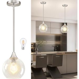 8" Clear Glass Modern Pendant Light Kitchen Island Mid Century Brushed Nickel Modern Pendant Lighting with Glass Globe Modern Hanging Pendant Light for Dining Room FoyerBulb Incl.