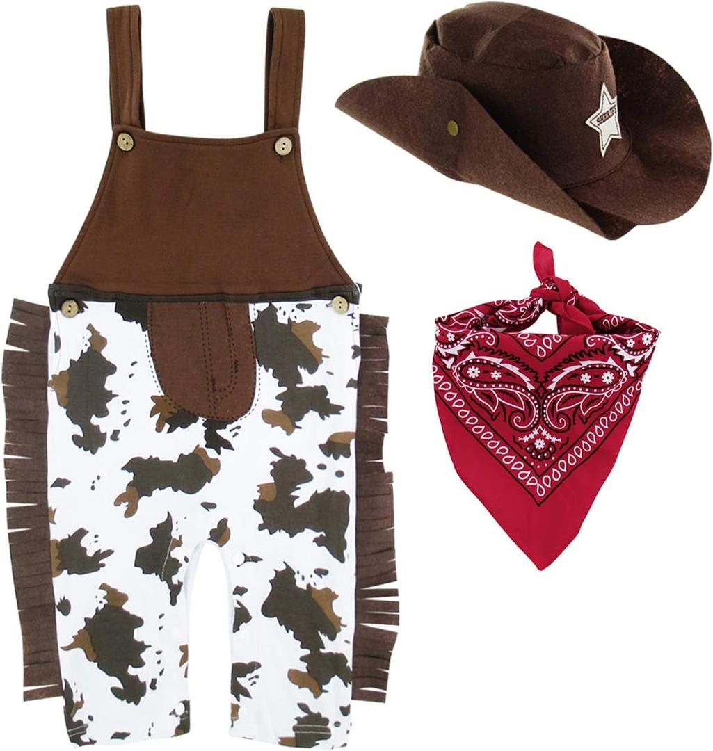 A&J DESIGN Baby Boys' Western Cowboy Romper Sets with Scarf and Hat (18-24 Months, Brown)