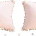 Pom Poms Fringe Cotton Throw Pillow Covers Shabby Pink 18X18 inches(45x45 CM) Pack of 2 (Not Include Insert)