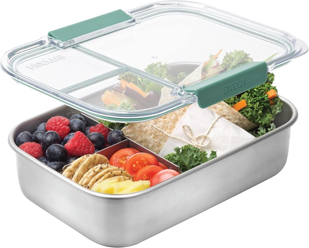 Microwave Safe Stainless Steel 3 Compartment Bento Lunch Box, 44oz (Sage)