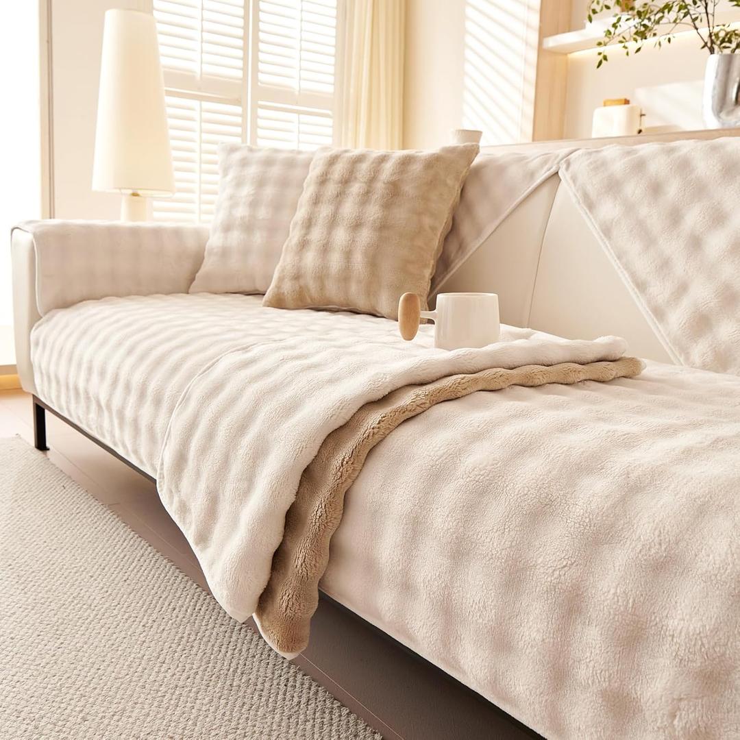 Velvet Couch Cover, Faux Fur Sofa Covers, Non-Slip Plush Couch Cover Furniture Protector (White,36"x63"/Loveseat Sofa Cover)