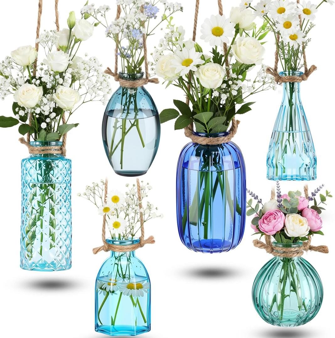 6 Pcs Stained Glass Hanging Vases Colorful Glass Terrariums with Rope Small Hanging Planters Pot Containers for Air Plants Flowers Garden Home Wedding Decor(Blue Series)