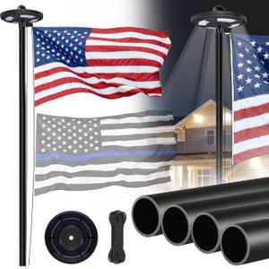 20FT Black Flag Pole Kit with Solar Light in Ground, 12 Gauge Extra Thick Aluminum Flagpole with 3x5 TearProof Embroidered American Flag and 126 LED Light