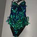 IBAKOM Sexy Sequins Fringe Bodysuit Halter Lace Up Back Jazz Latin Dance Tassel Leotard Acrobat Costume Rave Concert Outfits (Small, Green+ blue)