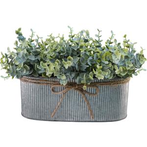 Winlyn Artificial Eucalyptus Arrangement in Rustic Oval Galvanized Metal Planter Box Faux Eucalyptus Bush Greenery Potted Plants for Farmhouse Indoor Home Office Table Centerpiece Kitchen Dcor