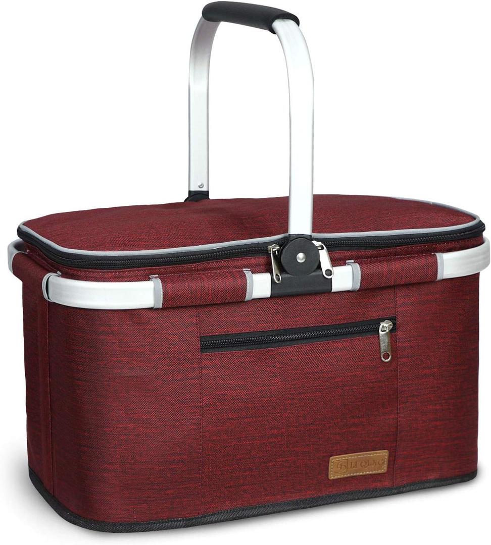 35L Large Picnic Basket 2 Layers of Internal Pockets Leak-Proof and Insulated Folding, Internal Support Does Not House Warming Gifts New Home, Wedding Gifts for Couple (Wine Red)