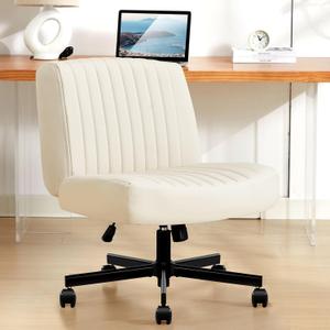 Criss Cross Chair with Wheels,Thick Padded Leather Cross Legged Office Desk Chair with Pocket Spring Cushion,Dual-Purpose Base,Wide Adjustable Computer Home Office Vanity Chair,Beige