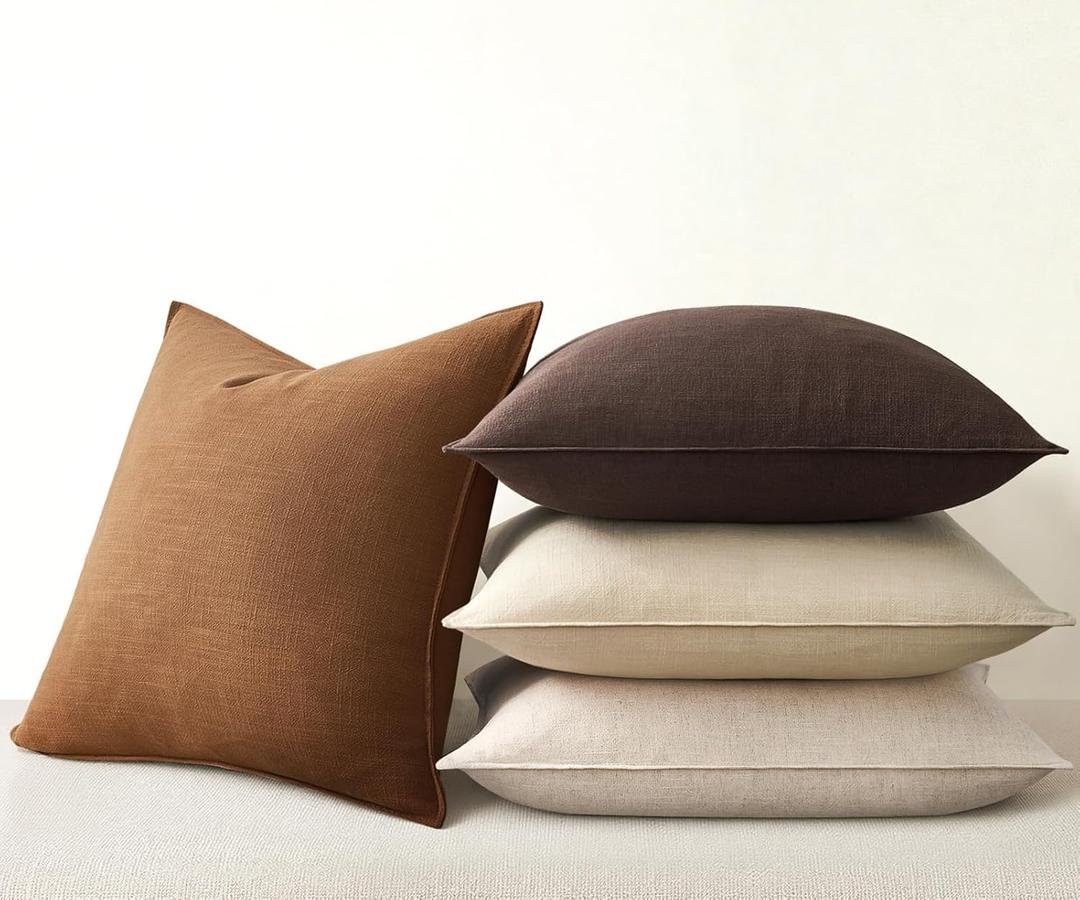 Neutral Brown Linen Pillow Covers Pack of 4 Decorative Natural Solid Throw Pillow Covers Soft Accent Boho Farmhouse Couch Pillowcases Modern Home Decors for Living Room Bed Sofa 18x18 Inch