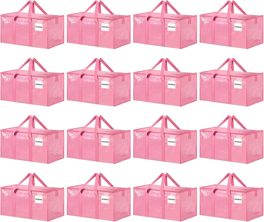 16 Pack Extra Large Heavy Duty Moving Bags, Pink Storage Bins with Lids, Reinforced Handles & Heavy-Duty Zippers Moving Boxes Storage Bags Totes for Clothes Packing, Dorms, College Supplies, Pink