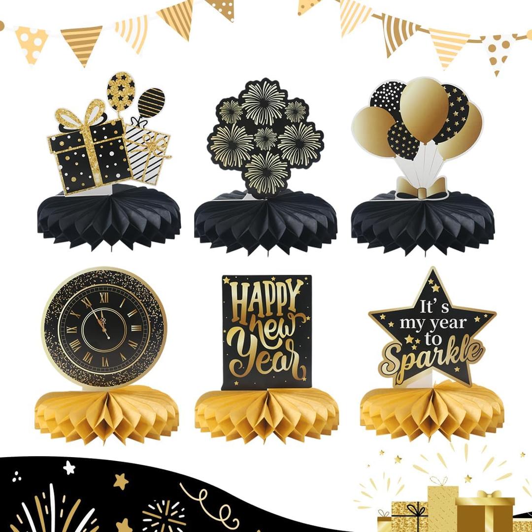 6Pcs Hanging Honeycomb Round Paper Fans Decoration Set, Black Gold White Table Centerpieces for New Year Baby Shower Birthday Photo Booth Backdrops Anniversary Paper Party Supplies