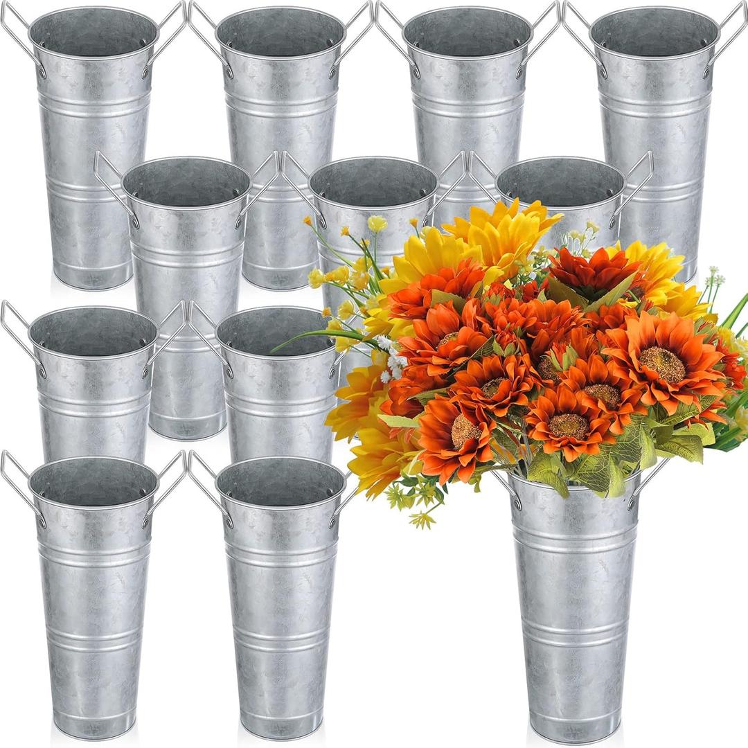 Chumia 12 Pcs Galvanized Flower 9 Inch Metal Vase Farmhouse Rustic French Flower Bar with Handles for Home Floral Centerpiece Container Wedding Table Decor(Matte Silver)