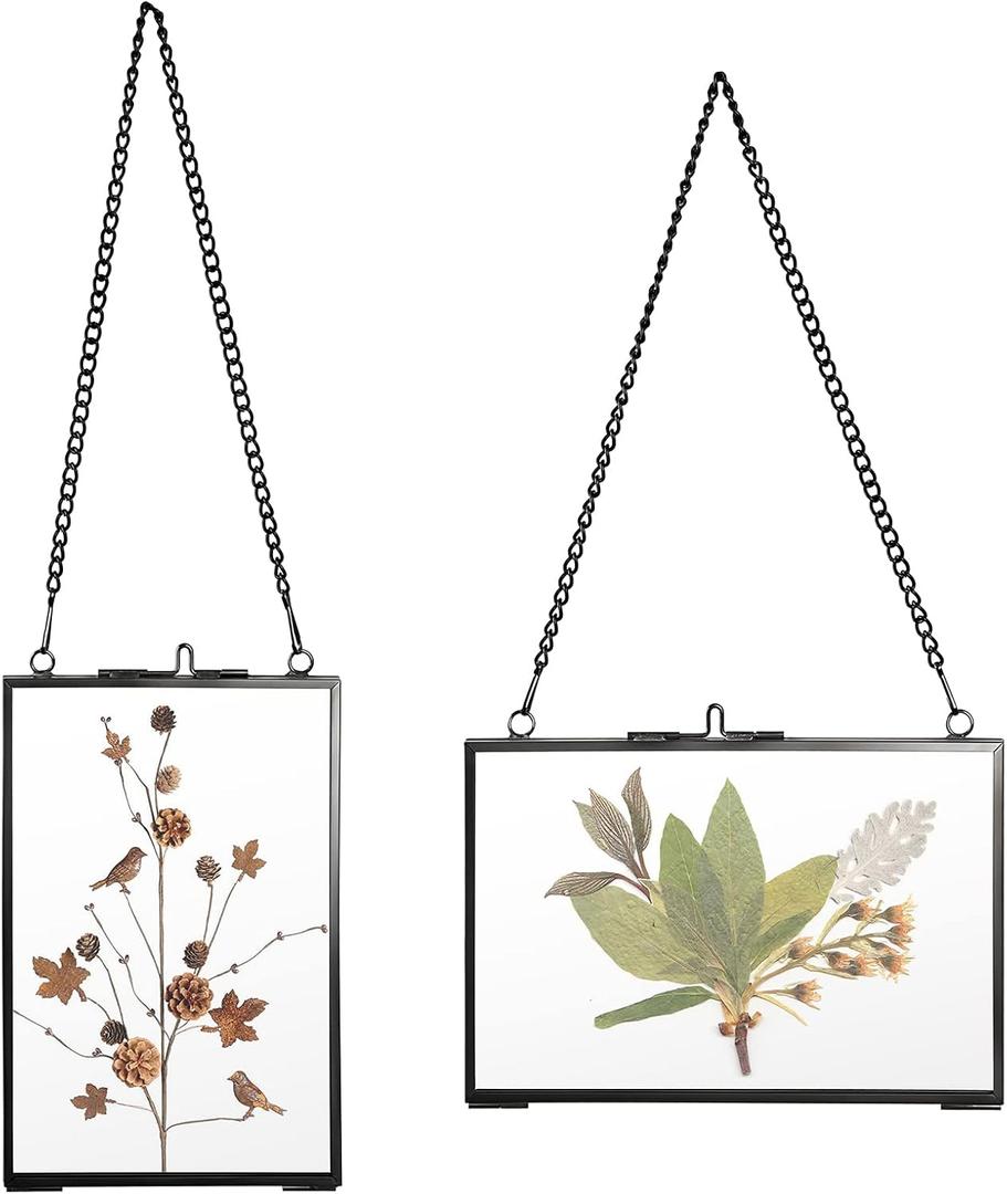 JUXYES Set of 2 Wall Hanging Brass Photo Frames for Pressed Flowers, Double Glass Hanging Picture Artwork Display Frame, Gold Floating Style Gallery Wall Frame for Photo Picture Poster etc, 4x6 Inches (Black)