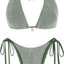 ZAFUL Women's Triangle Bikini Multiway Fishnet Tie Side Bandeau Halter String Bikini Set Two Piece Swimsuit Bathing Suits, Small (1- Army Green)