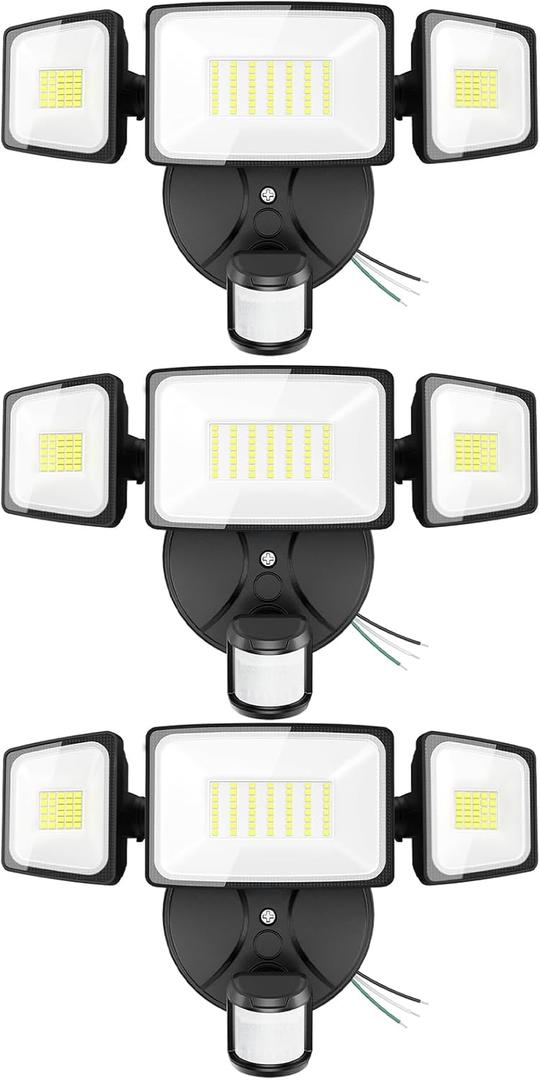 Onforu 3 Pack 75W Motion Sensor Outdoor Lights, 7000lm Dusk to Dawn Flood Light, LED Security Light with 3 Head, IP65 Waterproof Exterior Floodlight, 6500k Wall Light for Entryway Stairs Yard Garage