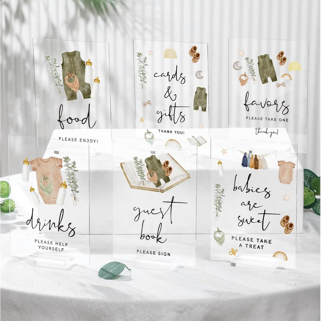Geelin 6 Pcs Acrylic Neutral Boy Baby Shower Sign with Stand Gender Neutral Baby Clothes Shower Decorations Vintage Gender Reveal Party Decorations for Birthday Party Guests Gifts 5 x 7 Inch