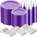 Suclain 600 Pcs Purple Plastic Plate Dinnerware Set for 100 Guests Including Purple Silver Rimmed Plates, Salad Plates, Silverware Set and Purple Rimmed Plastic Cups for Party Wedding Birthday