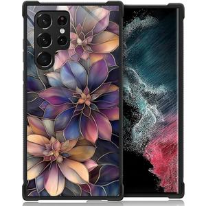 CARLOCA Compatible with Samsung Galaxy S23 Ultra Case for Girls Boys Hard Shell Shockproof Protection Non Slip for Samsung Galaxy S23 Ultra Fashion Pattern Dark Purple Gold Flowers Stained Glass