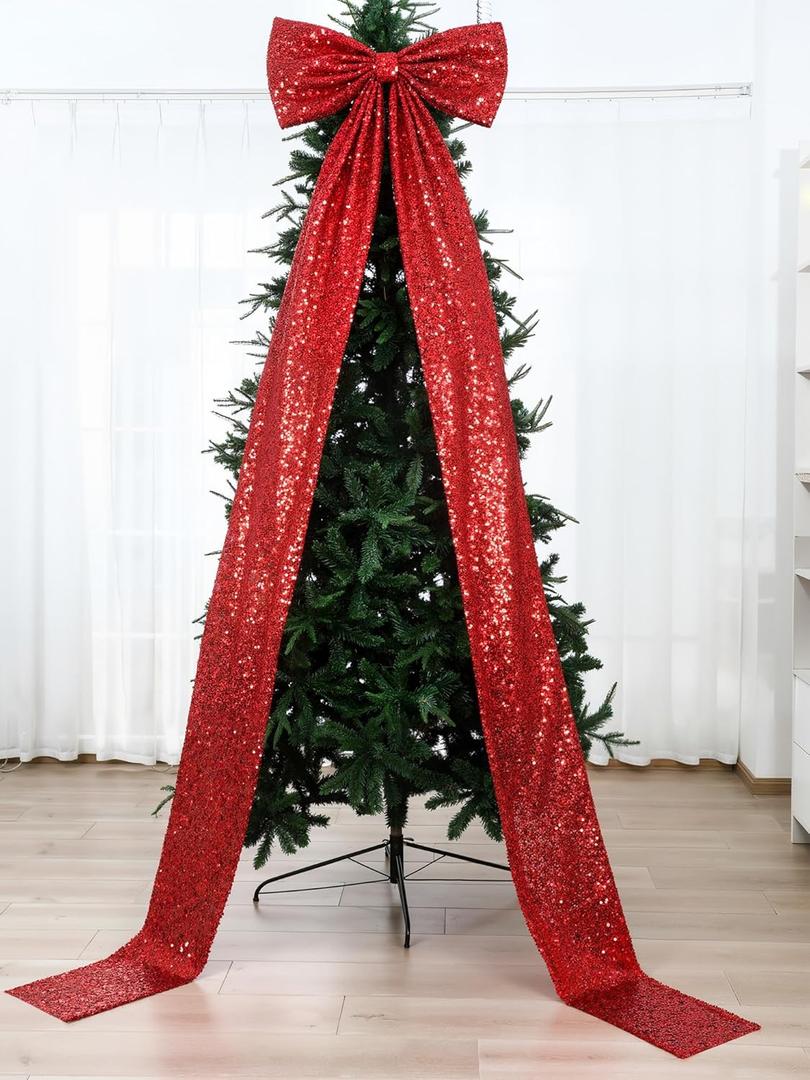 Big Bow Decor 118x28 Inch Velvet Sequin Bow for Wedding Wall Backdrop Extra Large Glitter Giant Tree Topper Huge Oversized Decoration for Room Front Door Party Backdrop Birthday(Red)