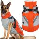 IECOii Dog Coat for Large Dogs, Orange, X-Large - Waterproof Winter Fleece Jacket with Harness, Turtleneck, Reflective Straps, Zipper Closure (X-Large)