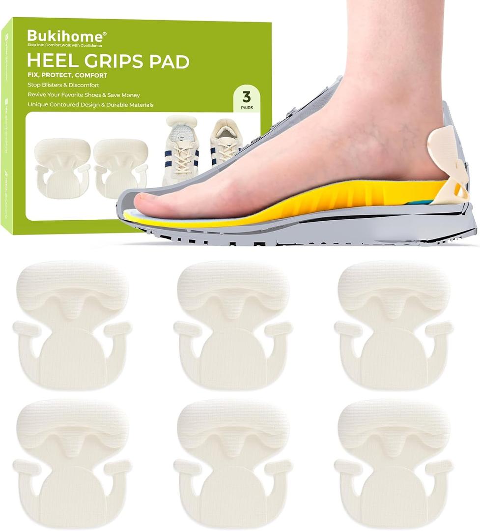 Adhesive-Free Shoe Grips Liners for Loose Shoes - Bukihome Shoe Fillers for Causal/Dress Shoes, Sneakers, Soft Heel Cushions Inserts for Back Heel Protect, Prevent Slip, Pain Fatigue Relief (3 Pairs) (Beige)