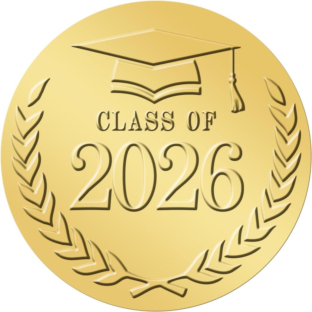 2 x Anwyll 2In Graduation Stickers 2026 - Gold Foil Embossed Grad Class of 2026 Stickers 100Pcs Graduation Envelope Seal Sticker Self-Adhesive Congrats Grad Hat Cap Sticker for Certificate Party Favors