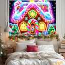 BlissYard Gingerbread House Christmas Blacklight Tapestry Neon Glow in the Dark Candy Tree Gift UV Reactive Holiday Wall Hanging for Bedroom Living Room Kids Party Decor 78x59 Inch