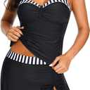 Yonique Womens Underwire Tankini Swimsuits with Skirt Two Piece Bathing Suits Tummy Control Swimwear (Small, Black White Stripe)