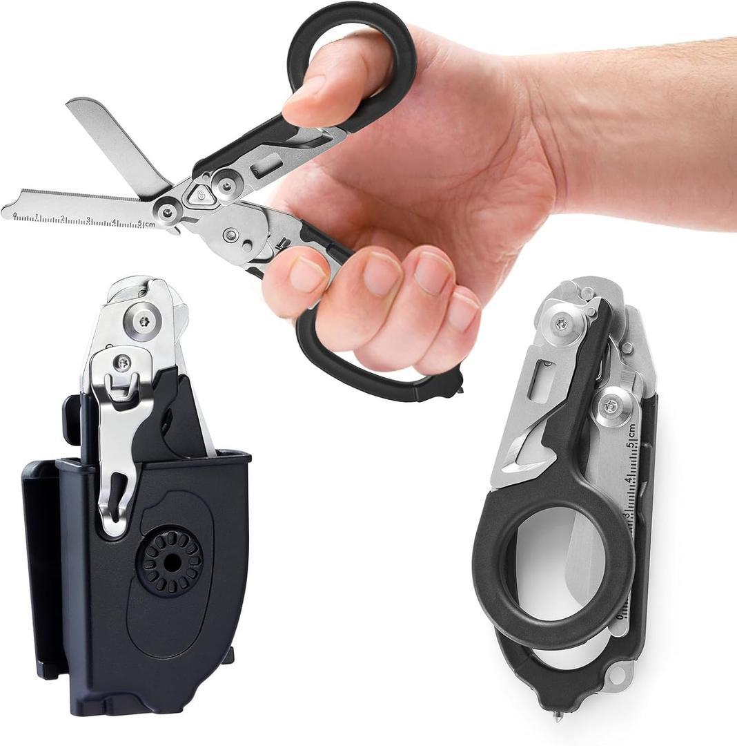 Heavy Duty 6 in 1 Multifunctional Trauma Shears Foldable | Stainless Steel emergency response scissors | Survival Shears with Holster | Medical Trauma shears Tactical With Strap Cutter | Black