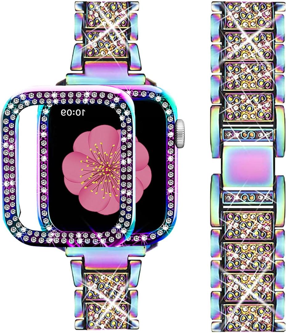 Supoix Compatible with Apple Watch Band 40mm + Case, Women Jewelry Bling Diamond Rhinestone Replacement Metal Strap &Soft TPU Protector Case for iWatch Series 6/ 5/ 4/ SE(Colorful)