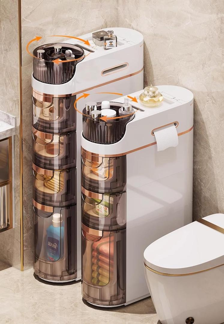 17cm Slim Bathroom Storage Cabinet 3-Tiers No-Assembly Narrow Bathroom Floor Cabinet with Wheels Toilet Paper Holder, Waterproof, Multifunctional Storage, 1PCS