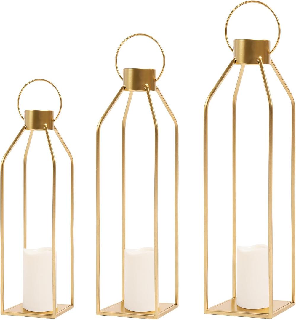 HPC DECOR Modern Farmhouse Lantern Decor- 22''19''16''Tall Large Gold Metal Candle Lanterns for Home Decor-Lanterns Decorative w/Timer Flickering Candles for Living Room, Outdoor, Fireplace Mantle Decor