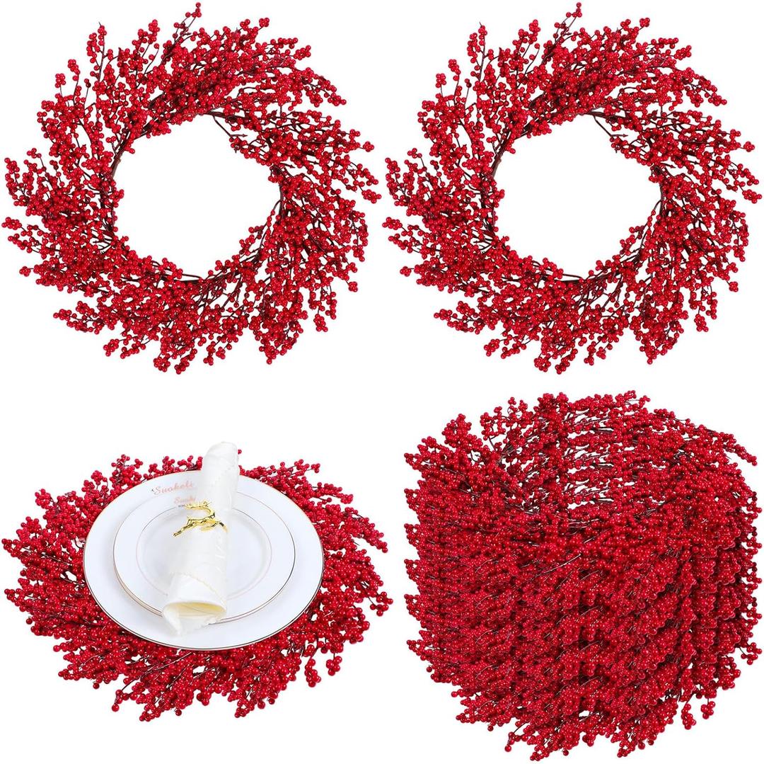 Christmas Placemats Set of 4 Round Red Berry Place Mats 16 Inch Artificial Berry Wreath Placemats Artificial Xmas Thermal Insulation Dining Table Mat for Xmas Winter Party Dining Decorations