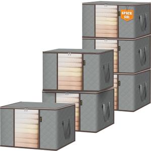 BALEINE 6 Pack Clothes Storage Bags, 16 Gallon Storage Containers with Reinforced Handle, Sturdy Zipper, Closet Organizer for Blanket, Comforter, Pillow, Bedding (Grey, 6 Pack)