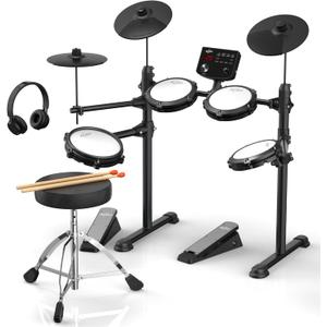AiJoy Electronic Drum Set for Beginners with 4 Quiet Mesh Pads, 2 Cymbals w/Choke, 200+ Sounds, USB MIDI, Includes Throne, Sticks & Headphones, Perfect Kit for Kids & Gifts