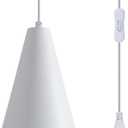 White Plug In Pendant Lights Kitchen Island,Dining Room Light Fixtures Over Table 1 Pack with Cone Metal Shade, Modern Farmhouse Mini Chandeliers with Cord On/Off Switch Hanging Lighting for Sink