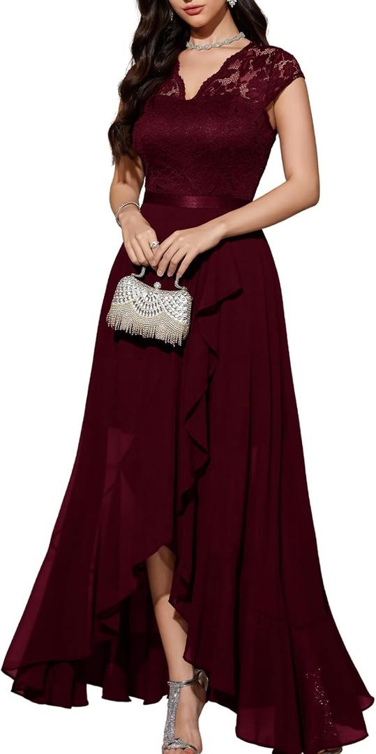Bbonlinedress Hi-Lo Ruffled Split Summer Wedding Guest V-Neck Floral Lace Mother of The Bride Cocktail Prom Party Bridesmaid Dress Burgundy XS