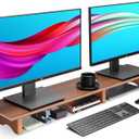 Aothia Large Dual Monitor Stand Riser, Solid Wood Desk Shelf with Eco Cork Legs for Laptop Computer/TV/PC/Printers, Perfect Desktop Stands Organizer with Underneath Storage for Office Accessories (Black Walnut)