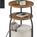 Round Side Table with Charging Station, USB Type C Port, Brown, 15.75" Dia with Power Strip