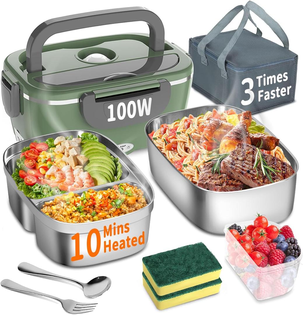 Electric Heated Lunch Box for Adults, 100W 3-IN-1 1.5L Heated Lunch Box for Men Portable with 2 Container, Fast Heating Food Warmer,12V/24V/110V for Car Truck Office Home Travel (GreenGrey)