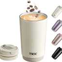TKK Coffee Cup with Ceramic Coating - 14oz Insulated Stainless Steel Travel Mug, Leak-Proof Tumblers with Straw for Hot/Cold Beverages, Easy Wide Mouth Cleaning, White