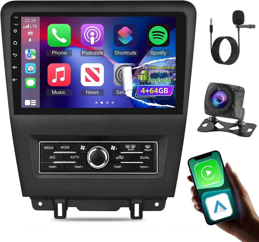 8 Core 4G+64G Upgrade Car Radio for Ford Mustang 2010 2011 2012 2013 2014, Volxcereo 10 inch Android Touch Screen Stereo with Wireless Carplay & Android Auto/DSP/WiFi/Bluetooth/RDS/FM
