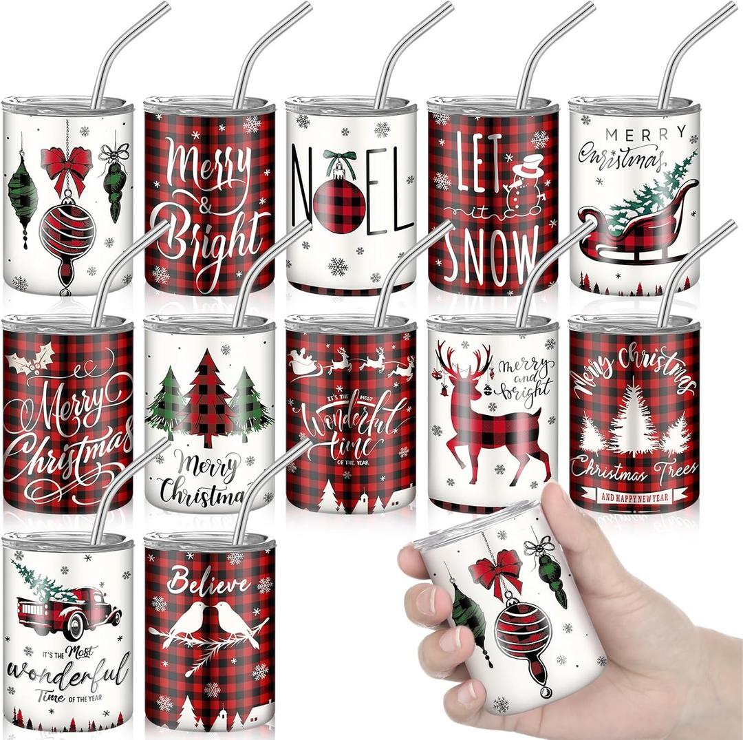 Roshtia 12 Pcs Christmas Mini Tumbler Shot Glass with Straw and Lid 3 oz Christmas Stainless Steel Insulated Tumblers Double Wall Vacuum Insulated Cups for Xmas Wedding Bar Coffee Cocktail Hot Cocoa