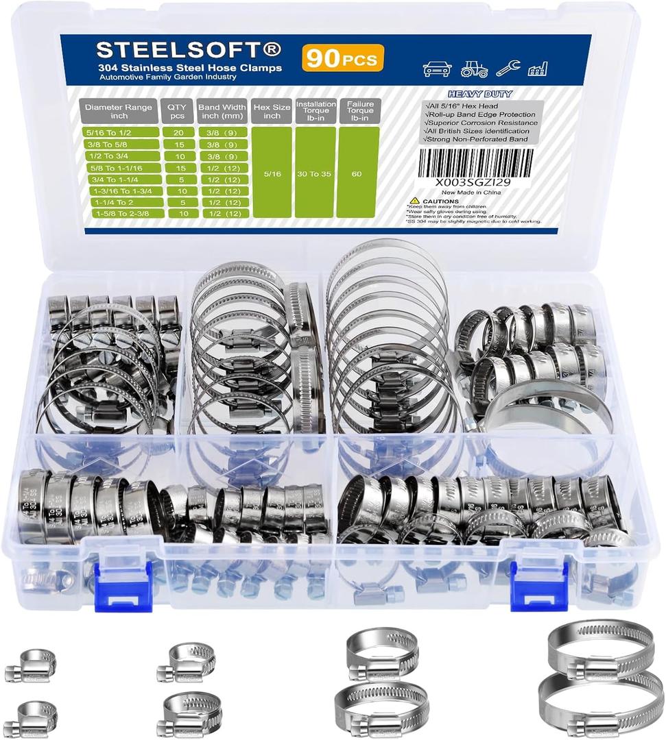 Heavy Duty Hose Clamp Assortment 5/16-2 3/8" 90 PCS, SAE Standard, All 5/16"HEX, Soft Hose Protection for Fuel Line, Automotive, Water Line