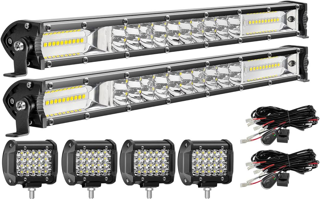 Light Bars for Trucks - 13In Slim LED Bar with 4In Pod Lights andi Wiring Harness,12V 24V Spot Flood Combo Driving Off Road Work Lights for ATV UTV Tractor Trailer Pickup