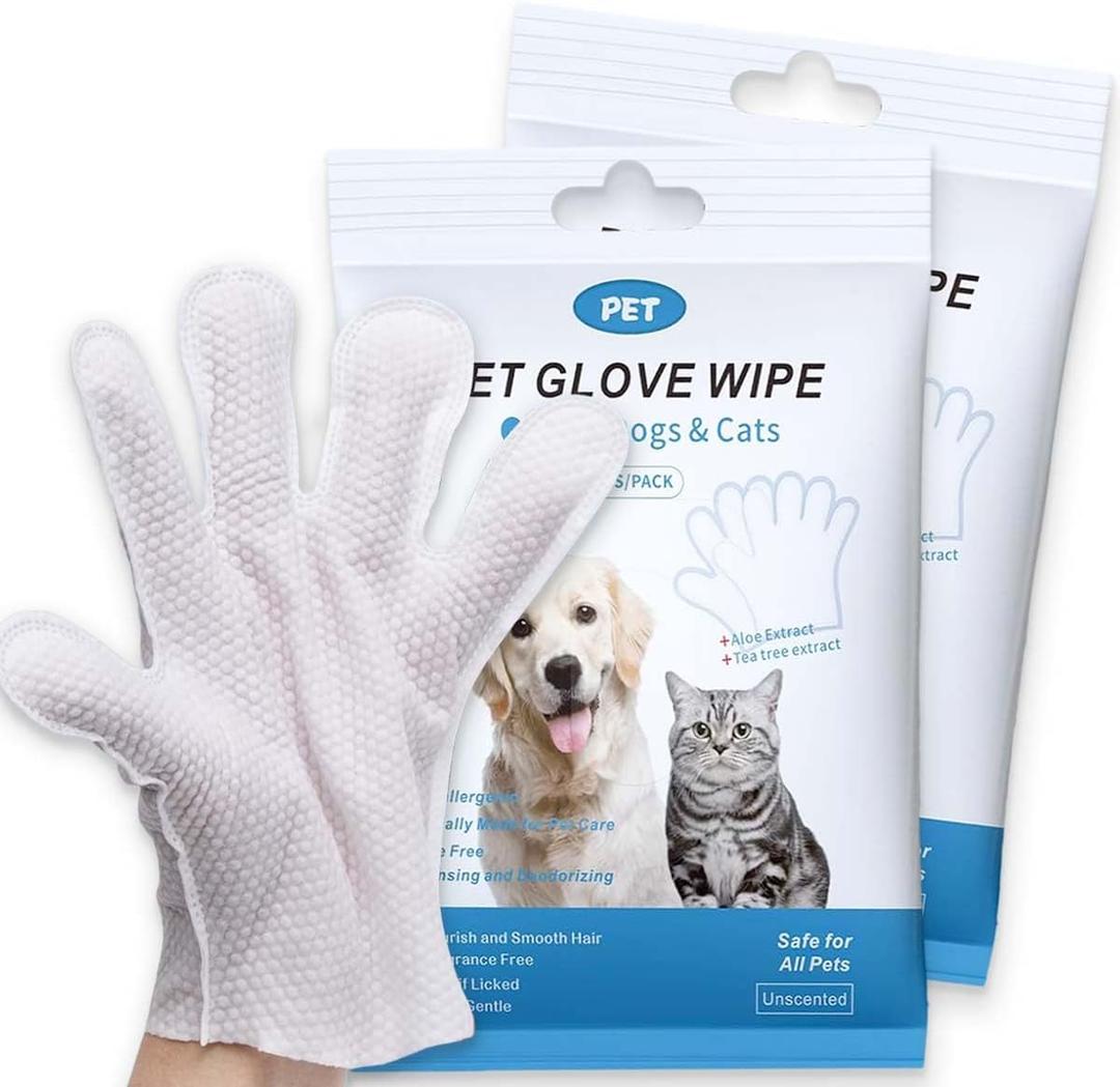 Dog and Cat Cleaning Gloves, Cleaning and Deodorizing Grooming Gloves, Dog and Cat Fur Face, Ears, Eyes, Paws Cleaner, Pet Grooming Wipes, Nourishing Fur, for Daily Care and Travel, No Rinse (Count of 12)