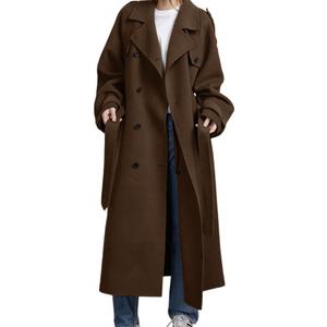 Chouyatou Women's Winter Double Breasted Wool Coat Long Sleeve Notch Lapel Midi Long Winter Trench Coat with Belt, Size: Small (Brown)
