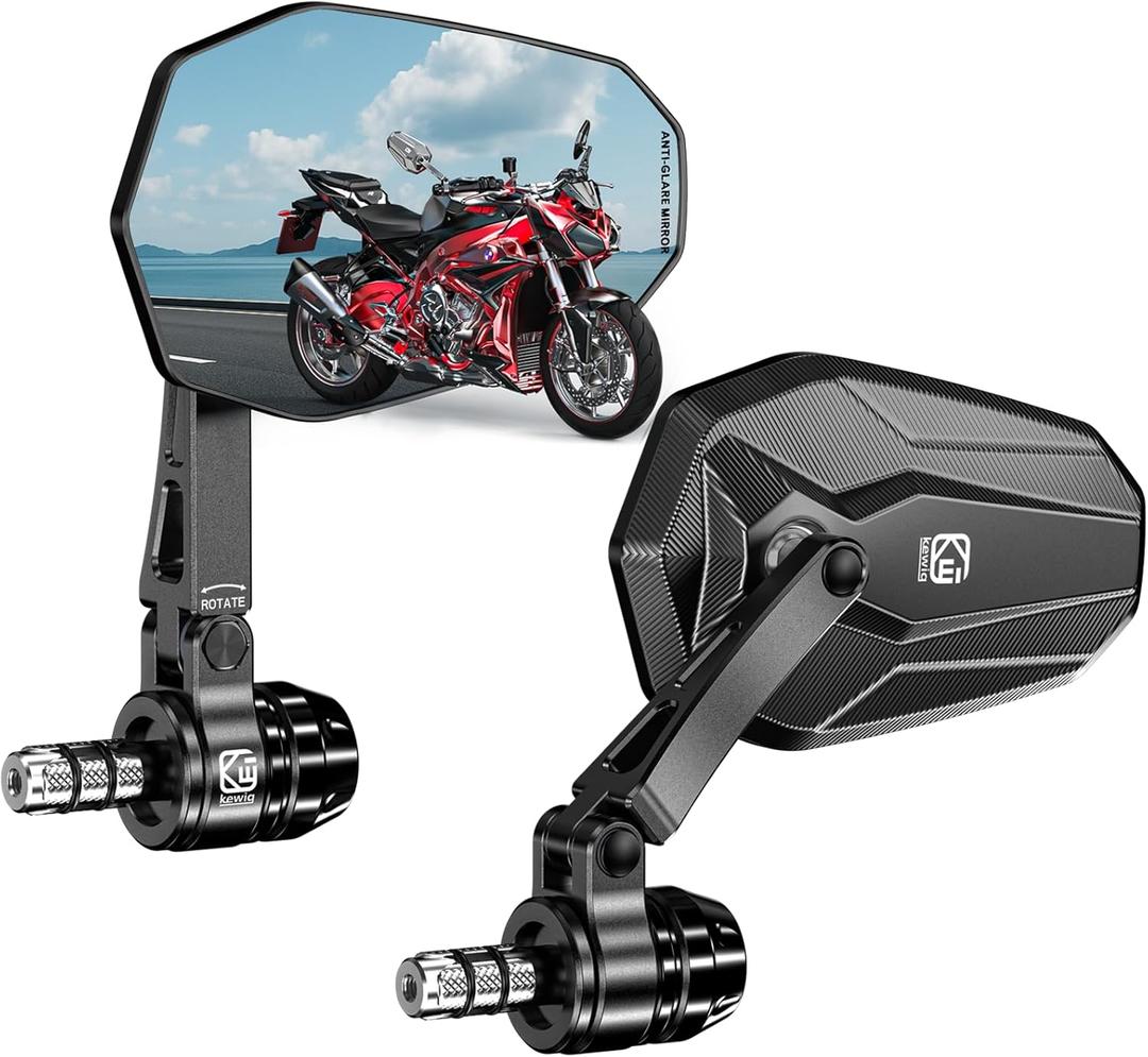 Aluminum Alloy Rainproof Foldable Motorcycle Bar End Mirrors, CNC Machined Anti-Glare Blue Lenses Motorcycle Rear View Mirrors, Multi-Angle Adjustable Fit for 12-18mm Handlebar Inner Diameter